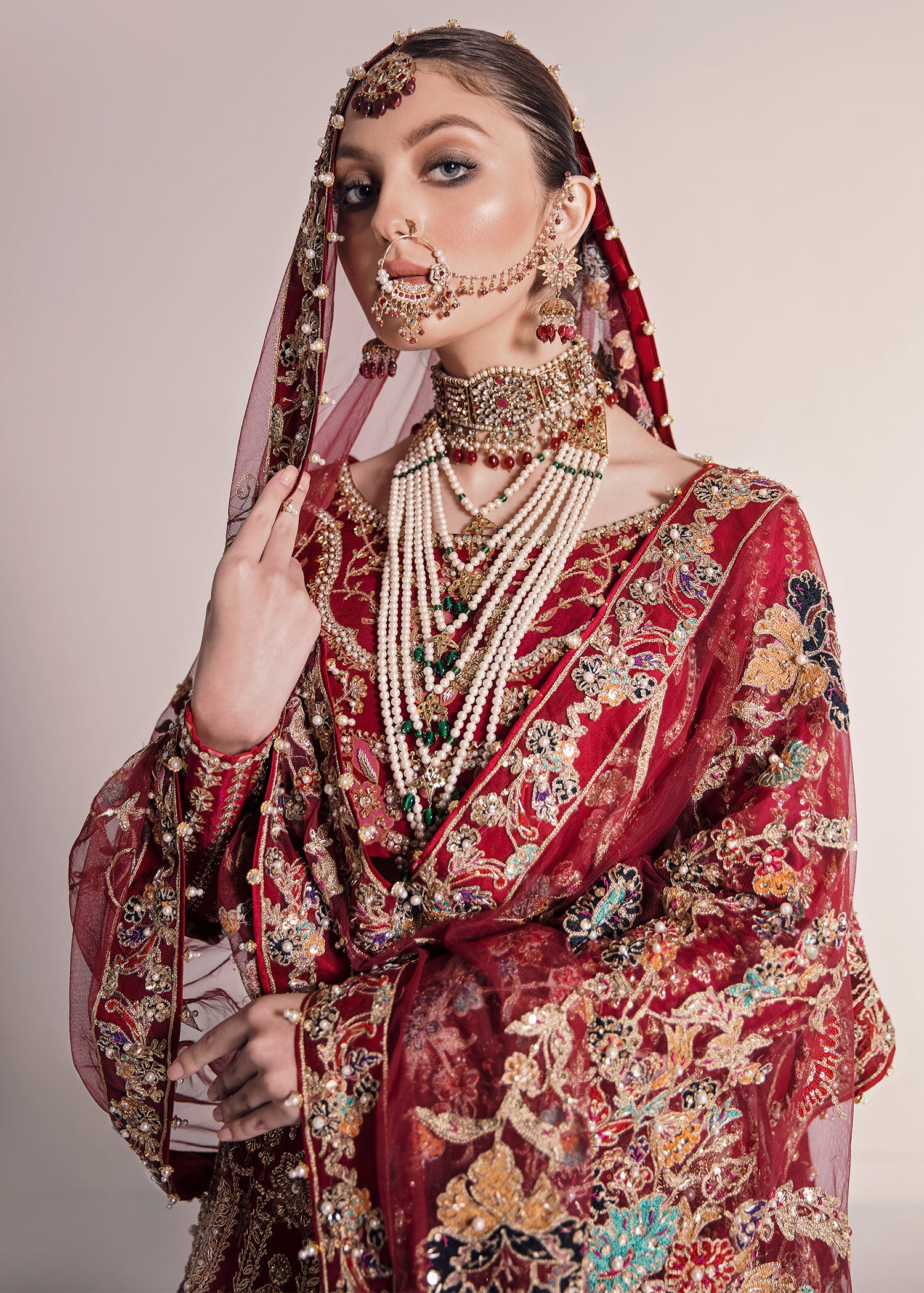 Deep Red Embellished Silk Bridal Lehenga (3-Piece) - Image 5