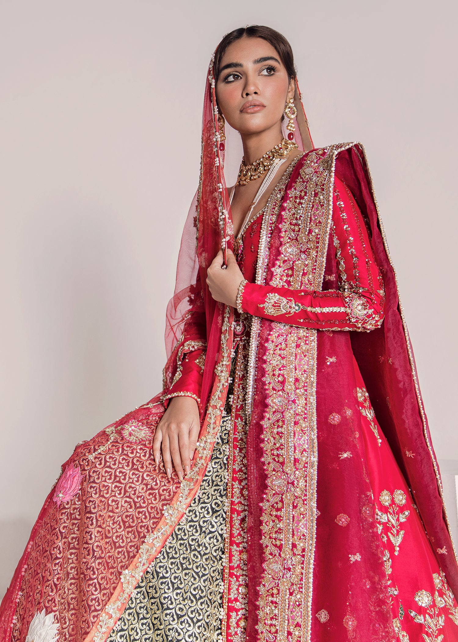 Red Embroidered Silk Bridal Lehenga (3-Piece) - Image 2