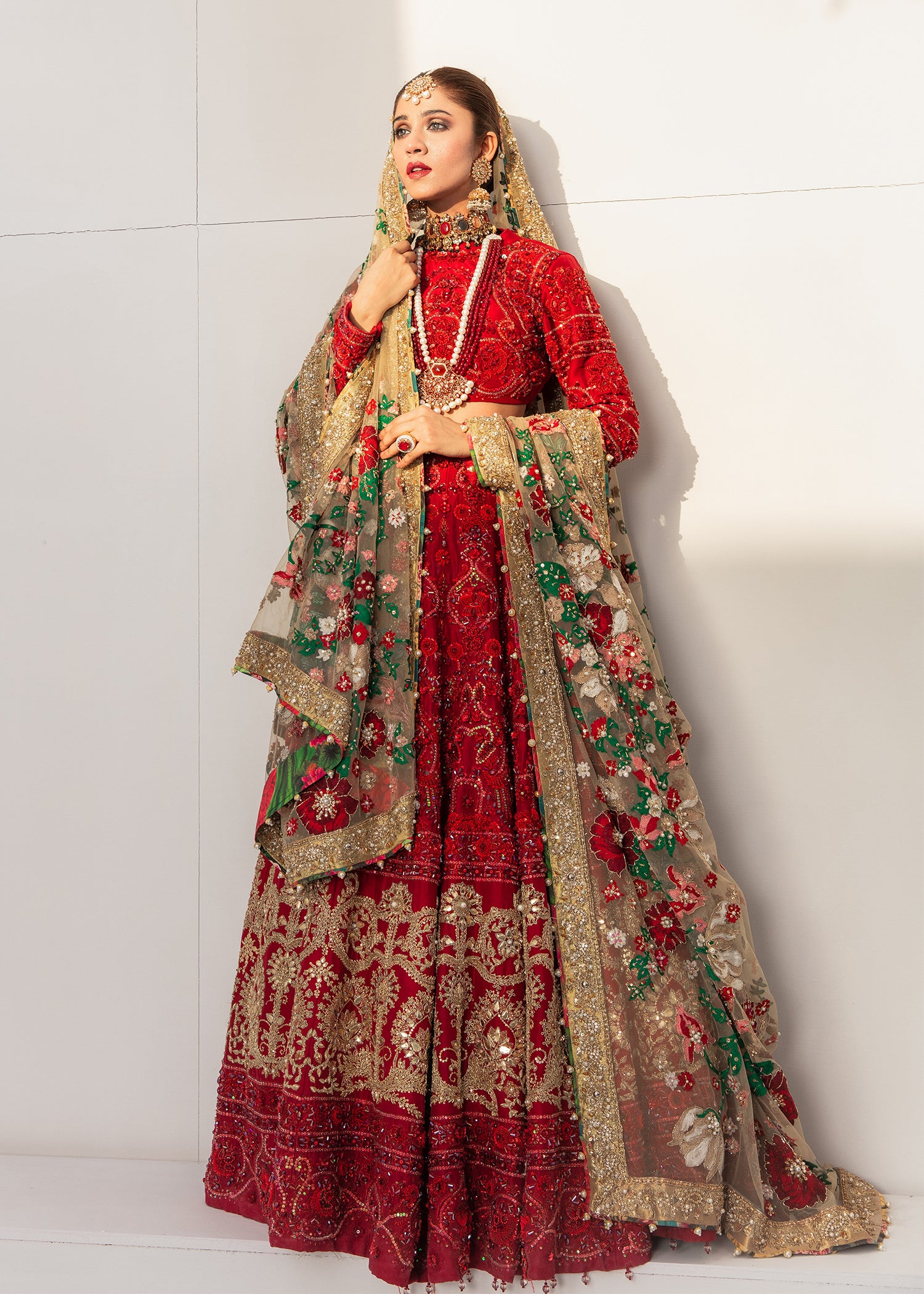 Red Embroidered Silk Lehnga Choli (3-Piece) - Image 1