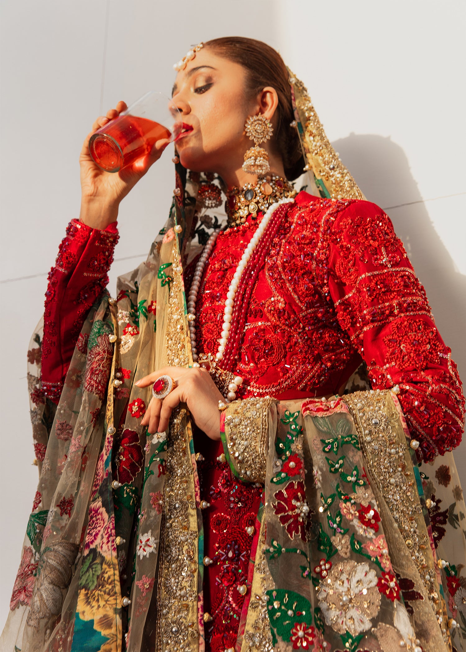 Red Embroidered Silk Lehnga Choli (3-Piece) - Image 2