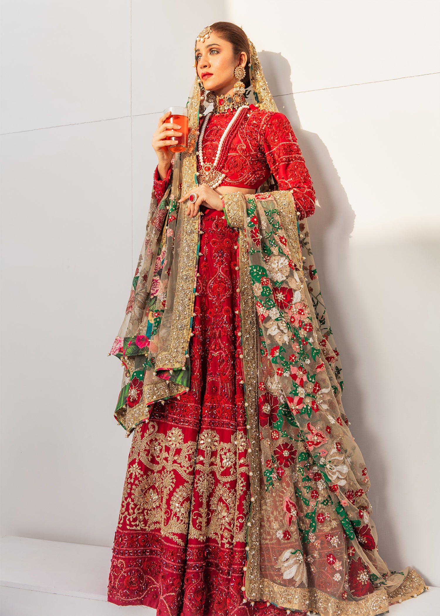 Red Embroidered Silk Lehnga Choli (3-Piece) - Image 3