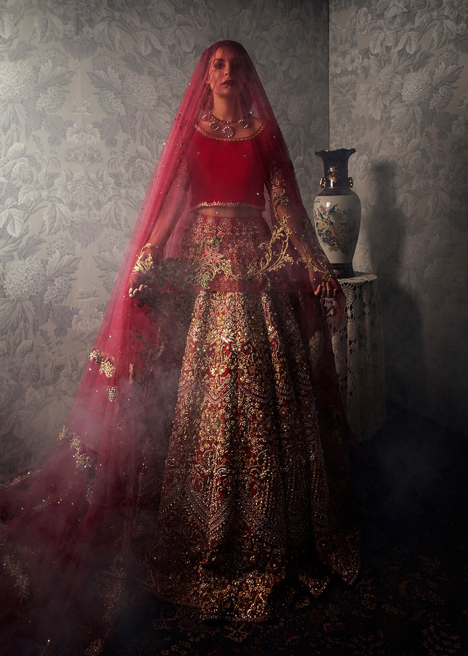 Pakistani Deep Red Embellished Silk Bridal Lehenga (3-Piece) - Image 1