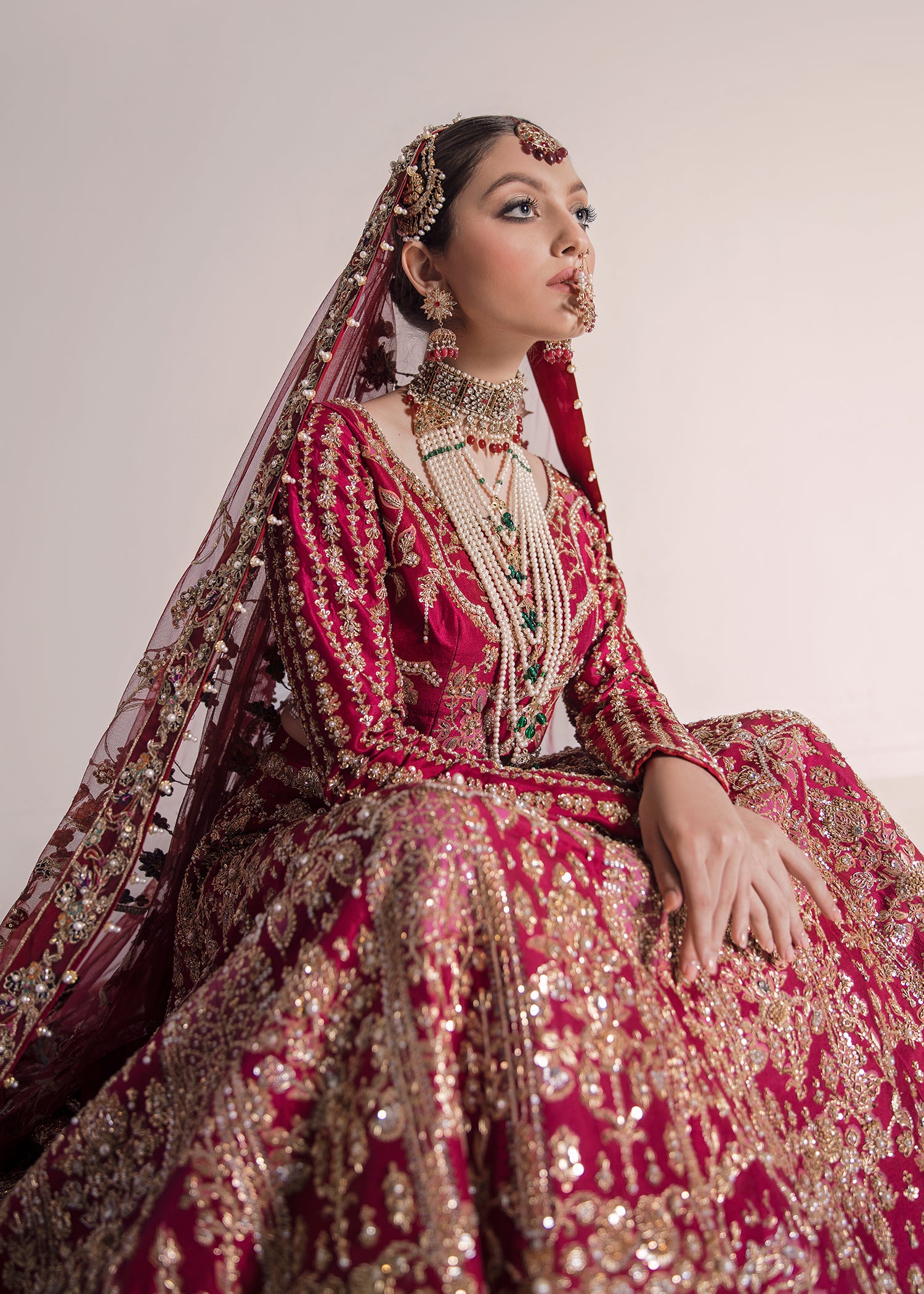 Deep Red Embroidered Silk Bridal Lehenga (3-Piece) - Image 3