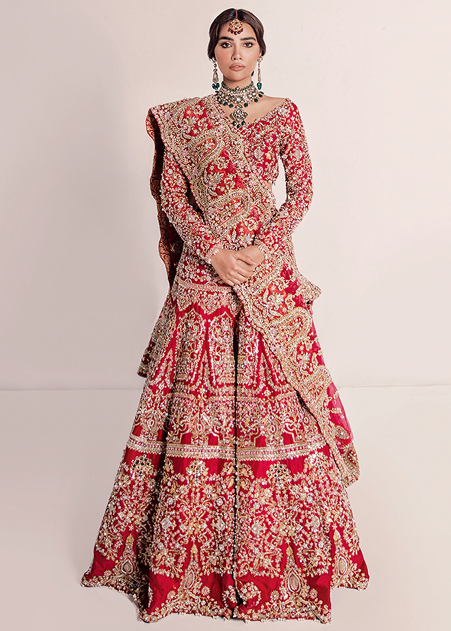 Red Embellished Silk Bridal Lehenga (3-Piece) - Image 1