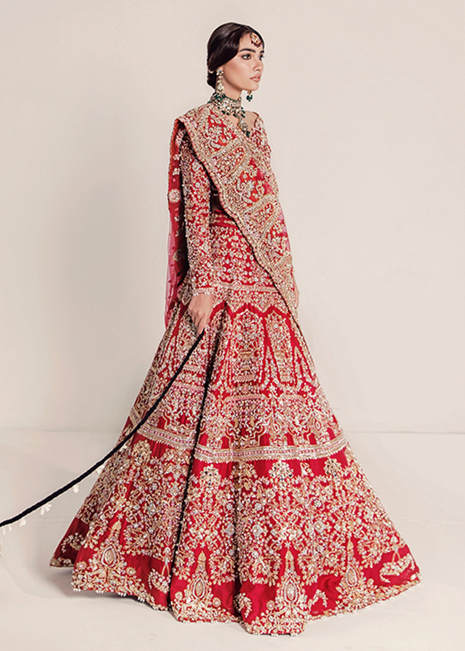 Red Embellished Silk Bridal Lehenga (3-Piece) - Image 2
