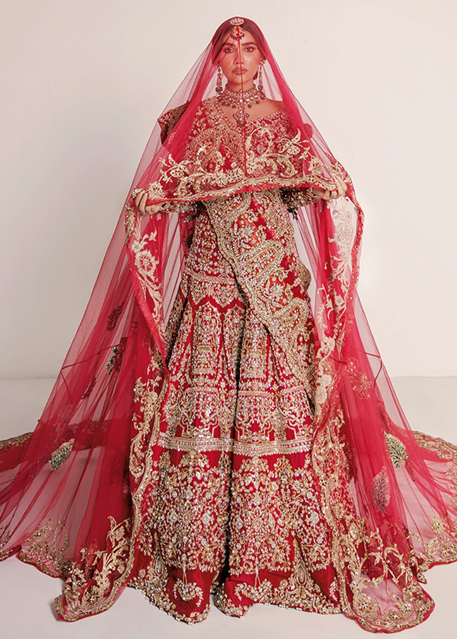 Red Embellished Silk Bridal Lehenga (3-Piece) - Image 6