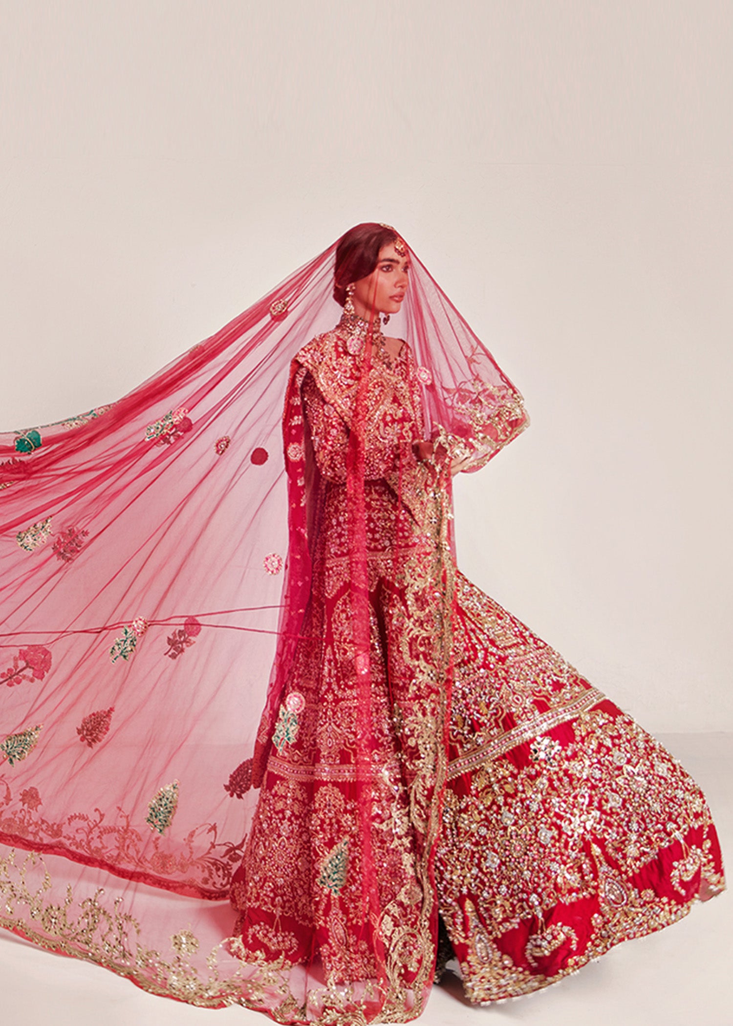 Red Embellished Silk Bridal Lehenga (3-Piece) - Image 7