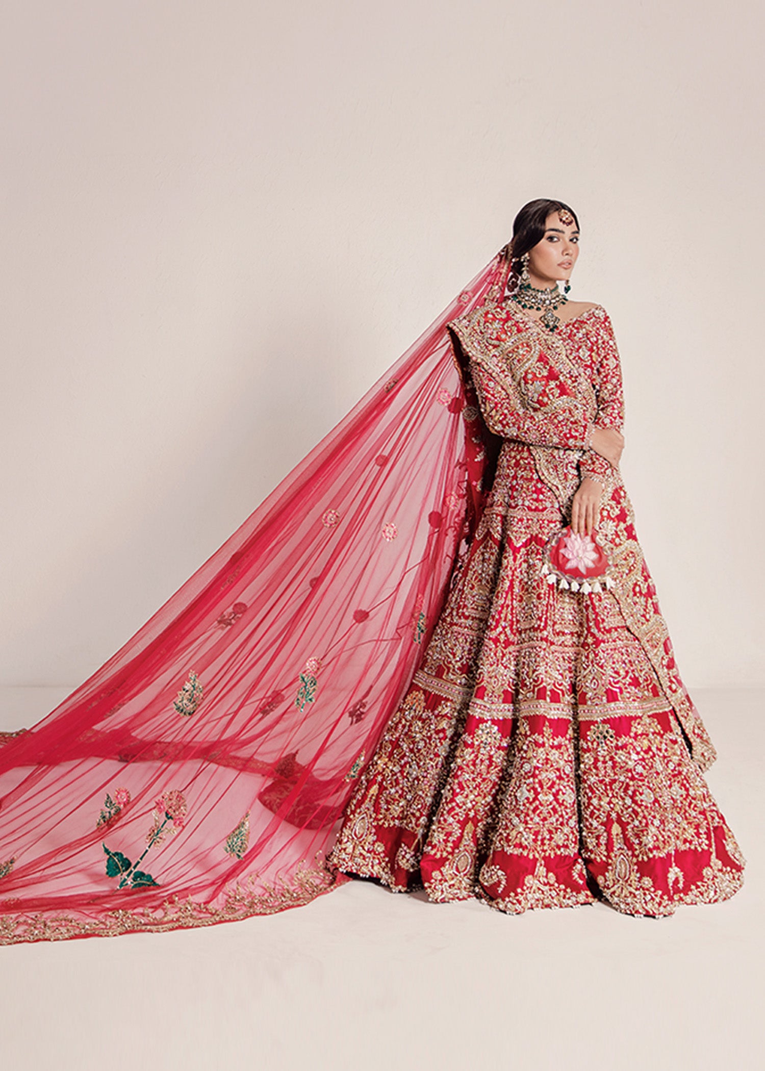 Red Embellished Silk Bridal Lehenga (3-Piece) - Image 9
