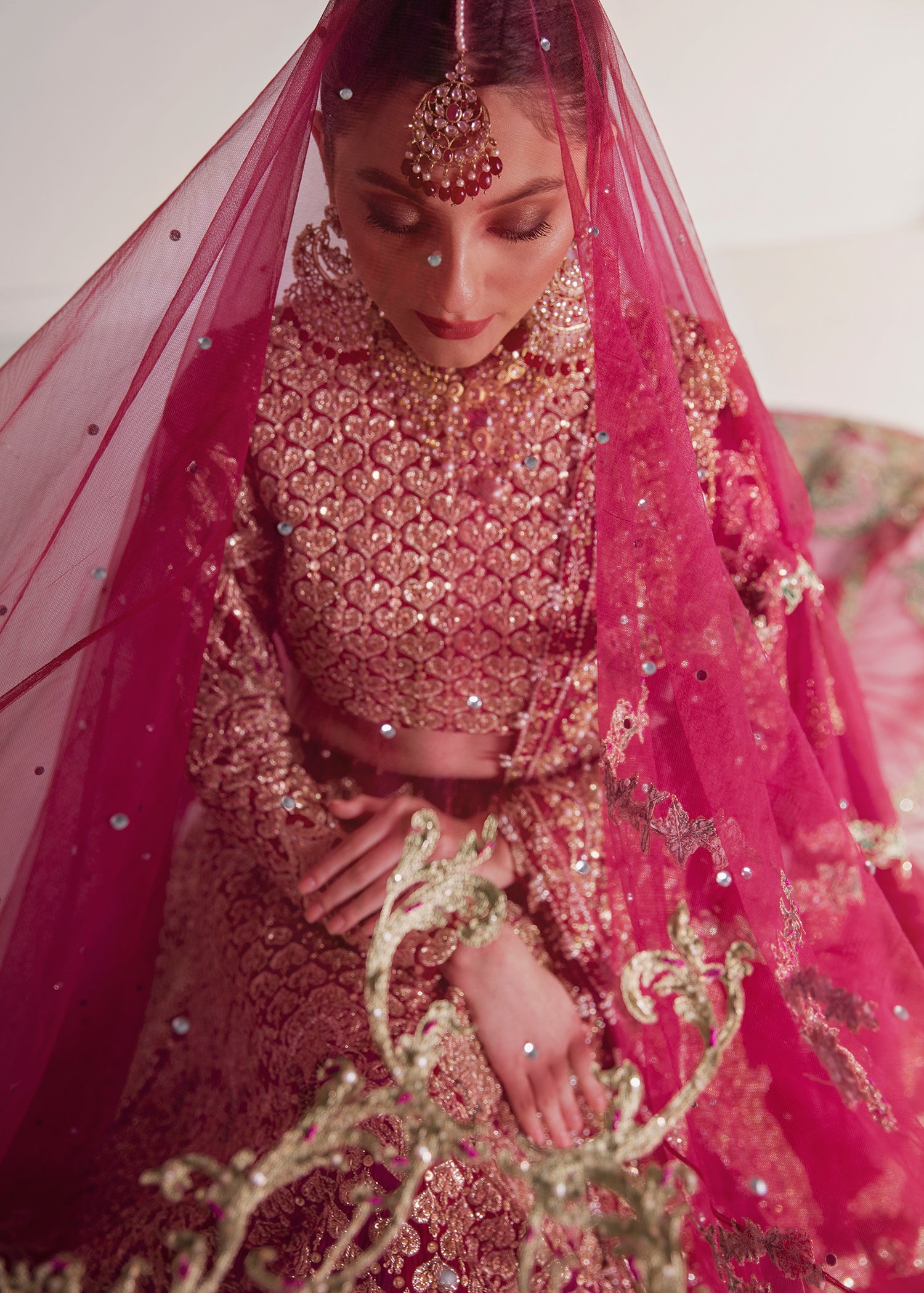 Deep Red Zardozi Silk Bridal Lehenga (3-Piece) - Image 2