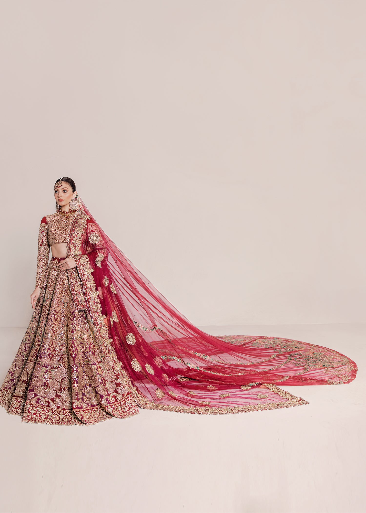 Deep Red Zardozi Silk Bridal Lehenga (3-Piece) - Image 3