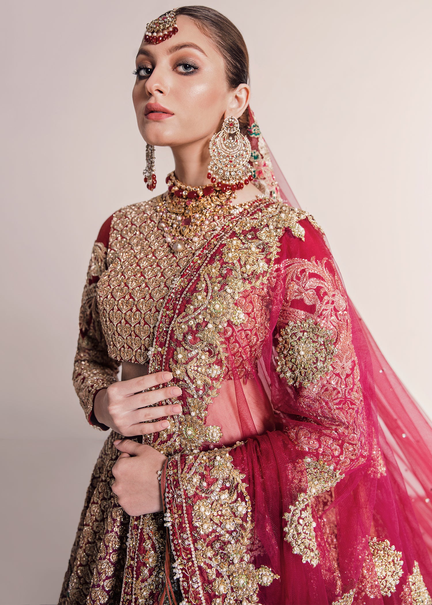 Deep Red Zardozi Silk Bridal Lehenga (3-Piece) - Image 4