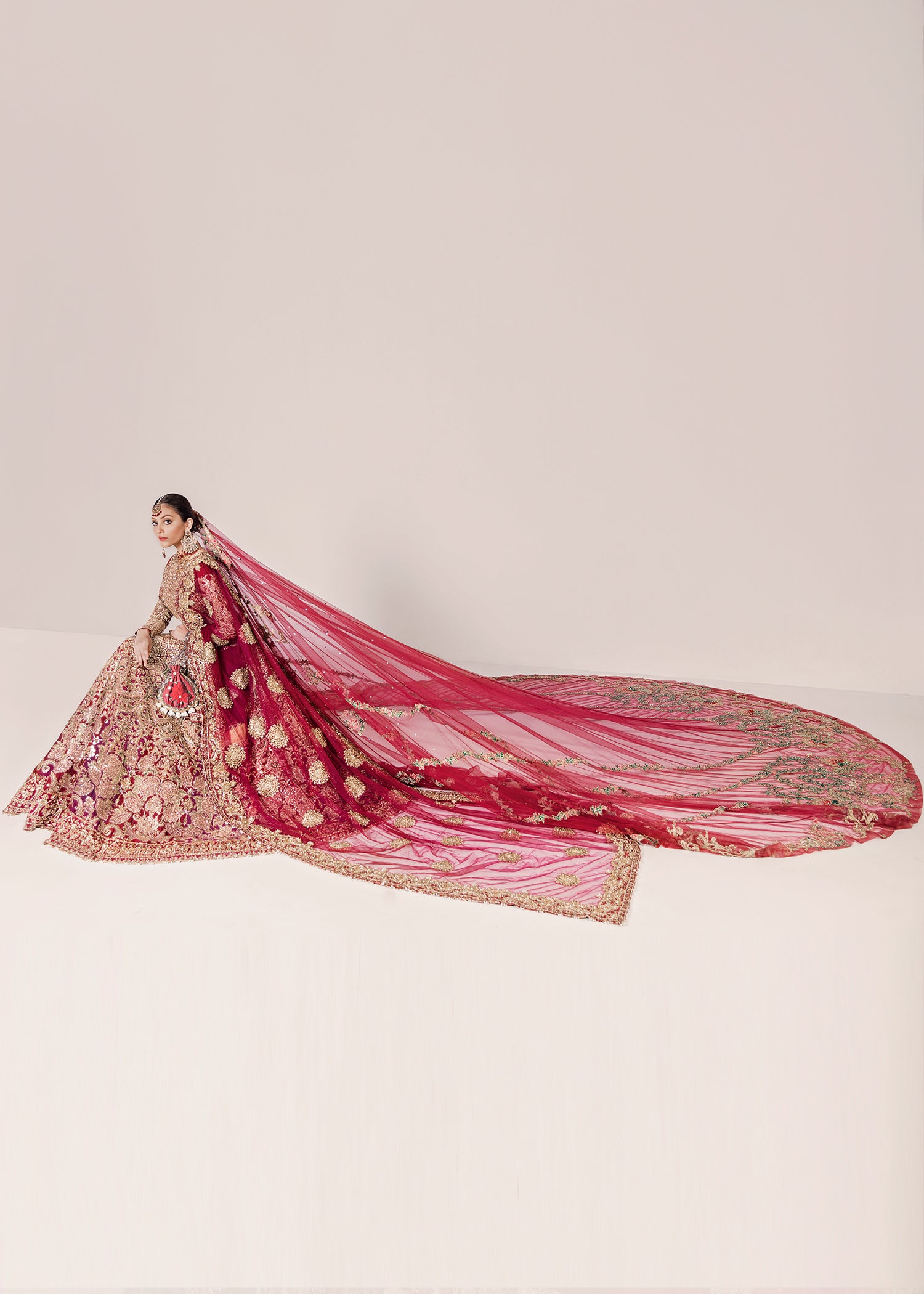 Deep Red Zardozi Silk Bridal Lehenga (3-Piece) - Image 6