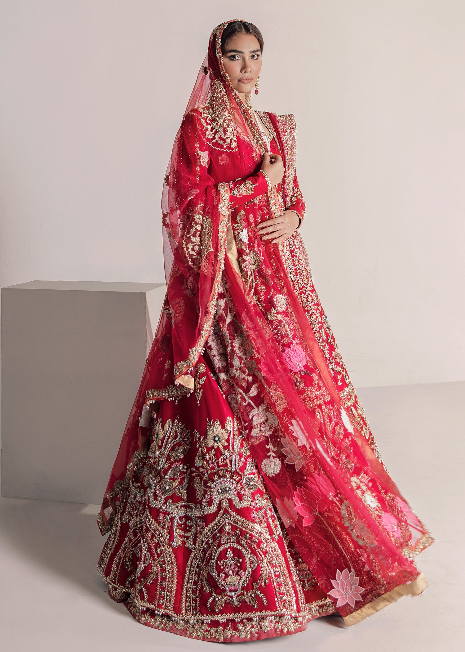 Red Embroidered Silk Bridal Lehenga (3-Piece) - Image 3