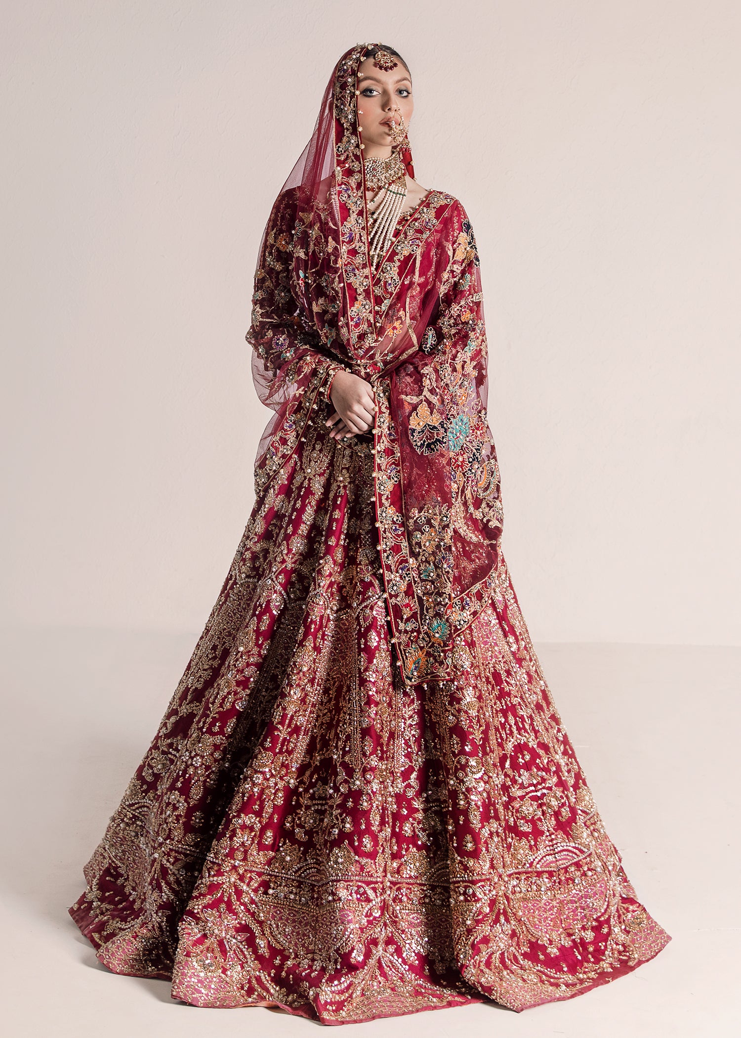 Deep Red Embroidered Silk Bridal Lehenga (3-Piece) - Image 1