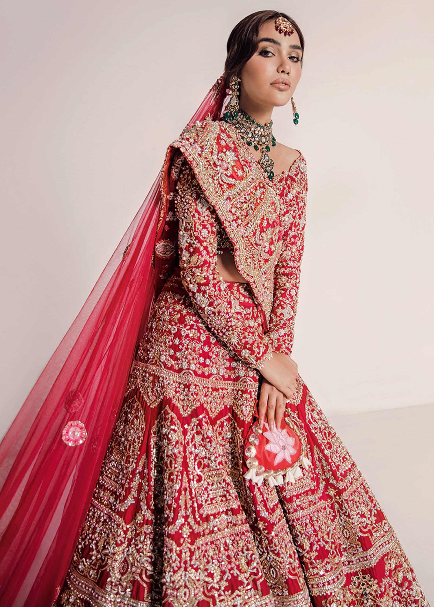Red Zardozi Silk Bridal Lehenga (3-Piece) - Image 3