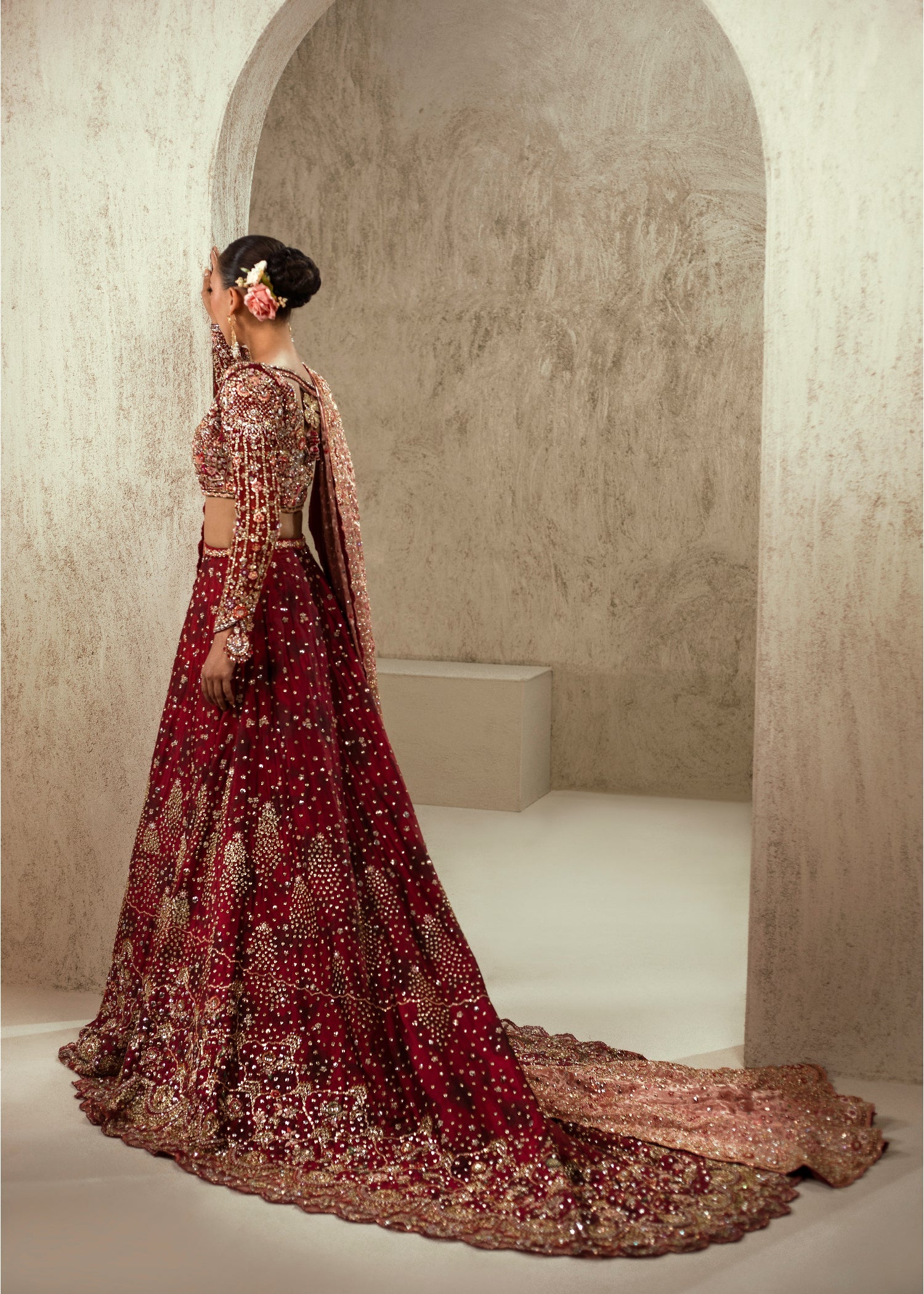 Rouge Red Embellished Silk Bridal Lehenga (3-Piece) - Image 4