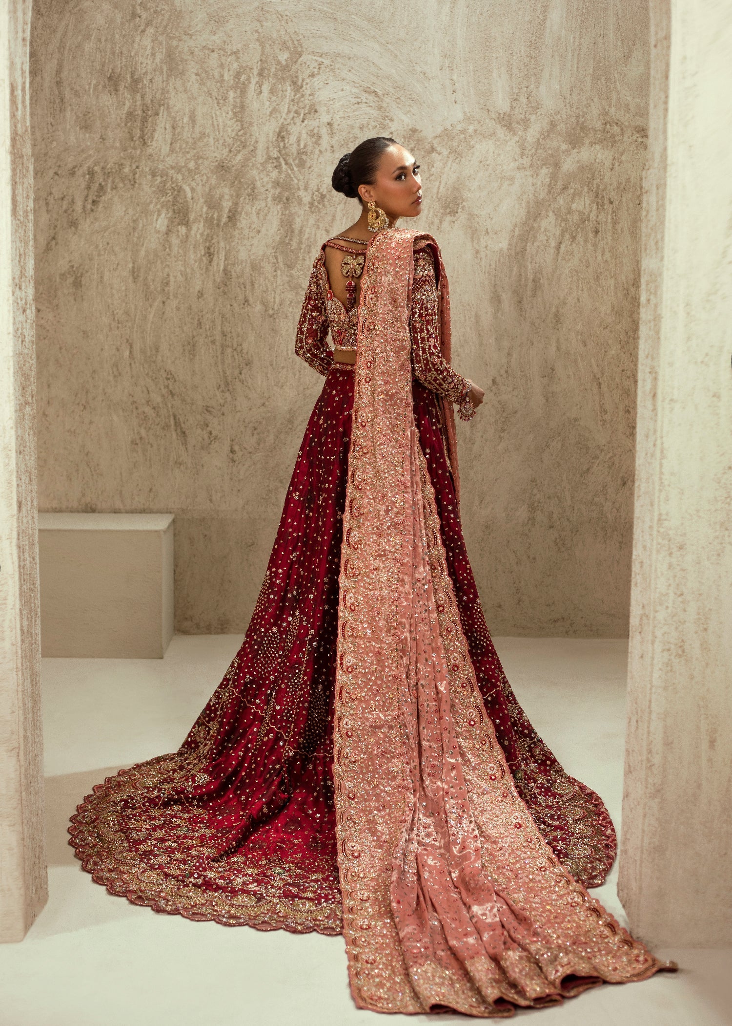 Rouge Red Embellished Silk Bridal Lehenga (3-Piece) - Image 6