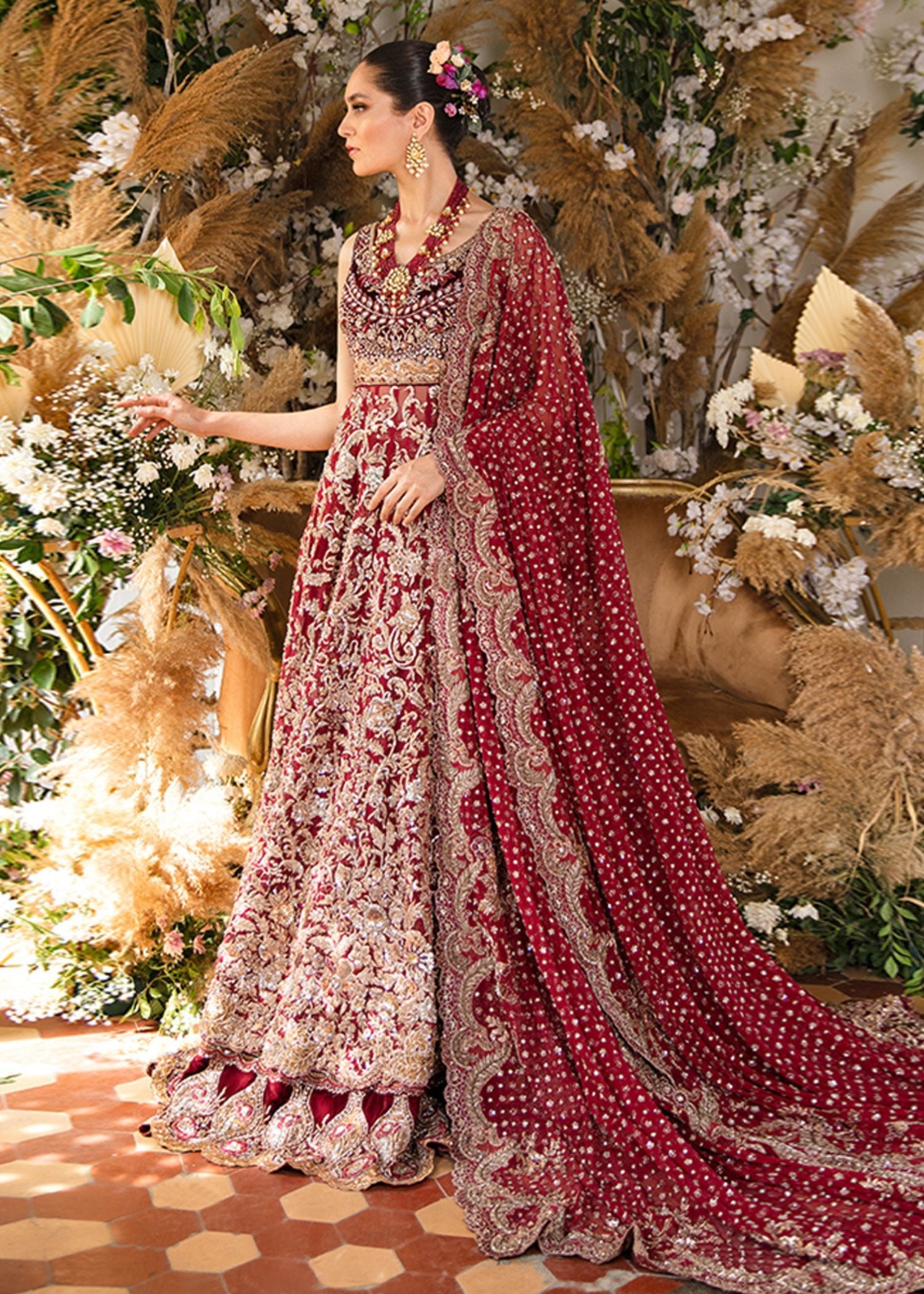 Deep Mahogany Embroidered Silk Lehenga (3-Piece) - Image 1