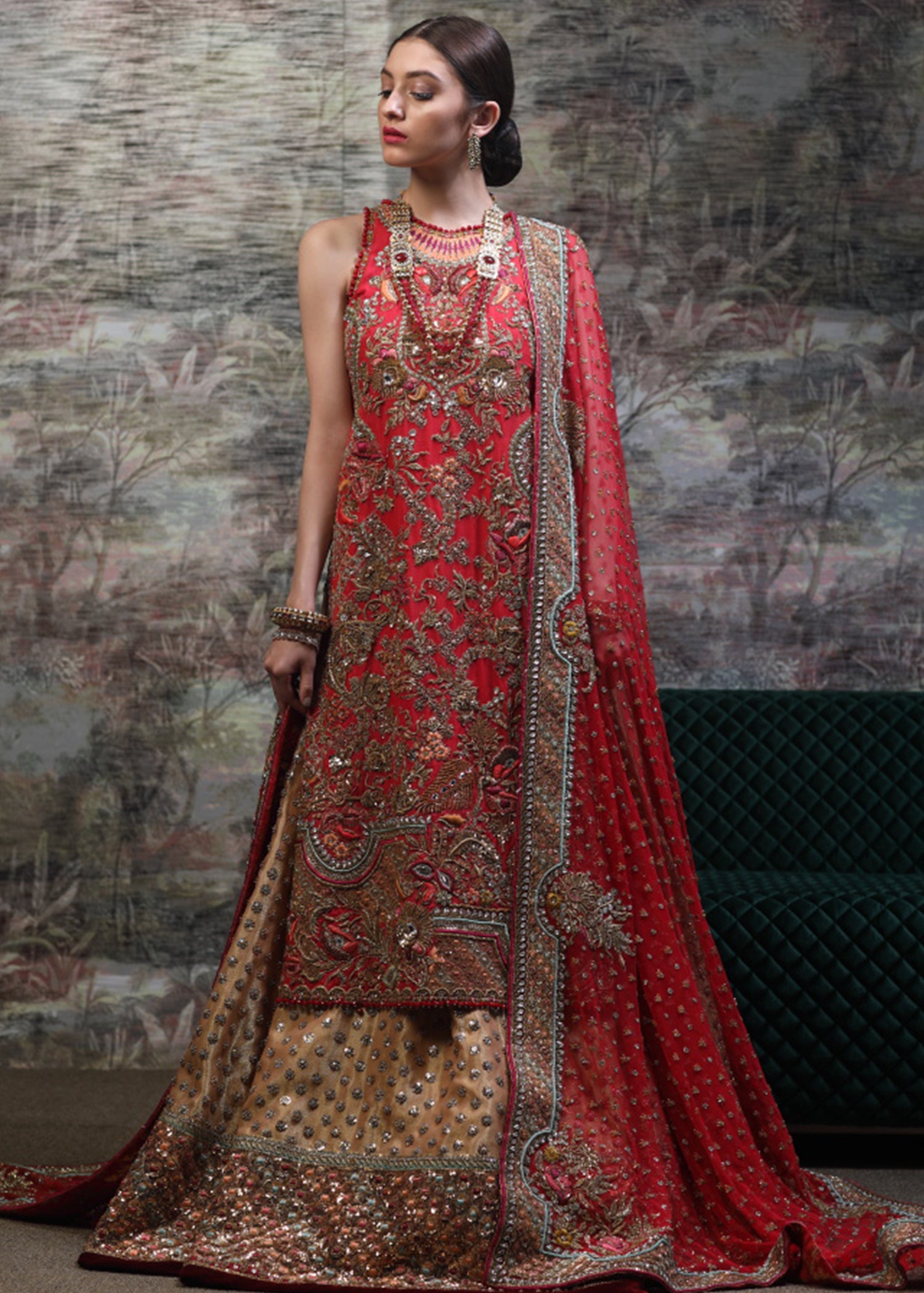 Crimson Red Embroidered Silk Bridal Lehenga (3-Piece) - Image 1