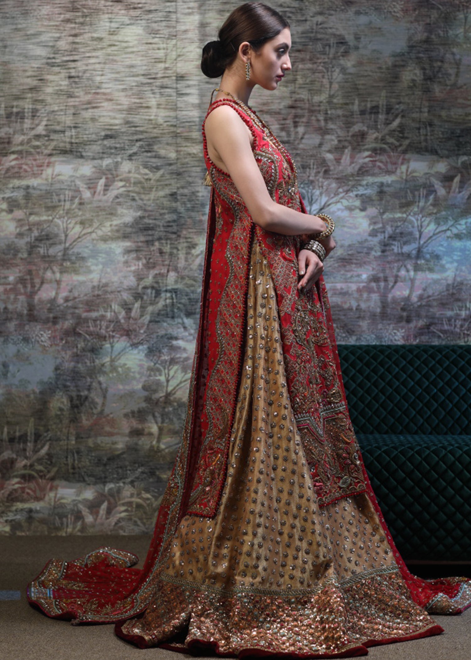 Crimson Red Embroidered Silk Bridal Lehenga (3-Piece) - Image 2