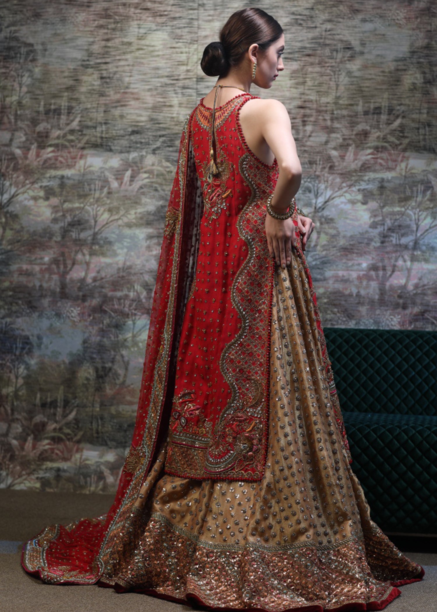 Crimson Red Embroidered Silk Bridal Lehenga (3-Piece) - Image 3