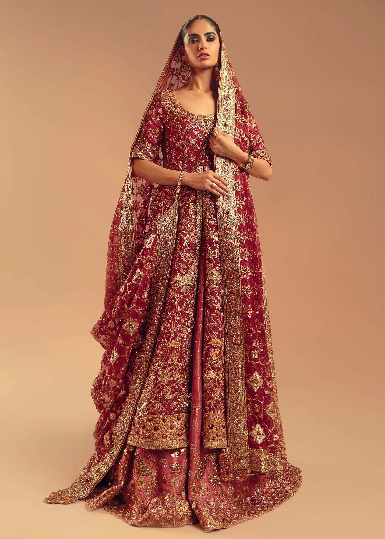 Pakistani Deep Rose Red Embroidered Silk Bridal Lehenga (3-Piece) - Image 1
