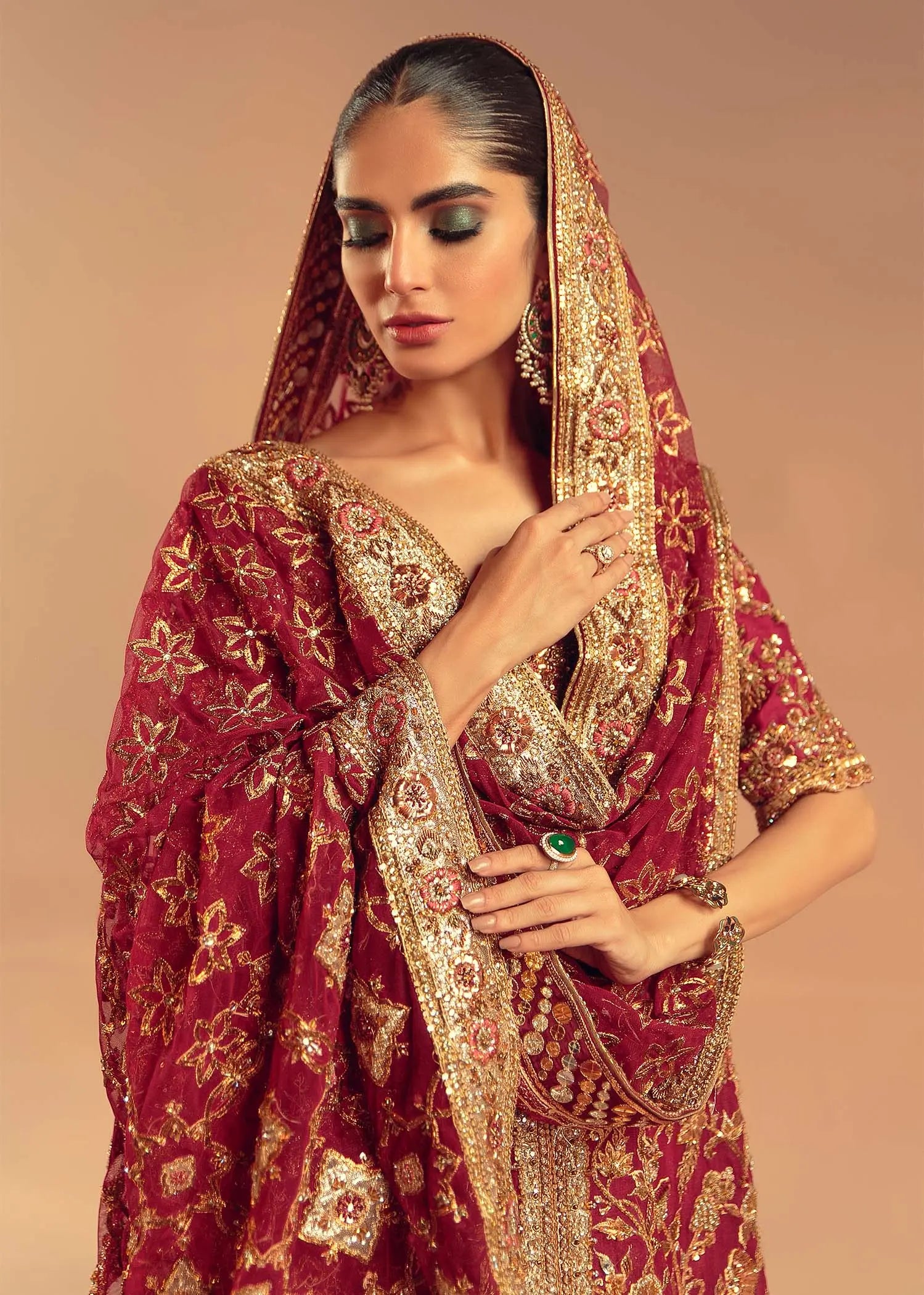 Pakistani Deep Rose Red Embroidered Silk Bridal Lehenga (3-Piece) - Image 3