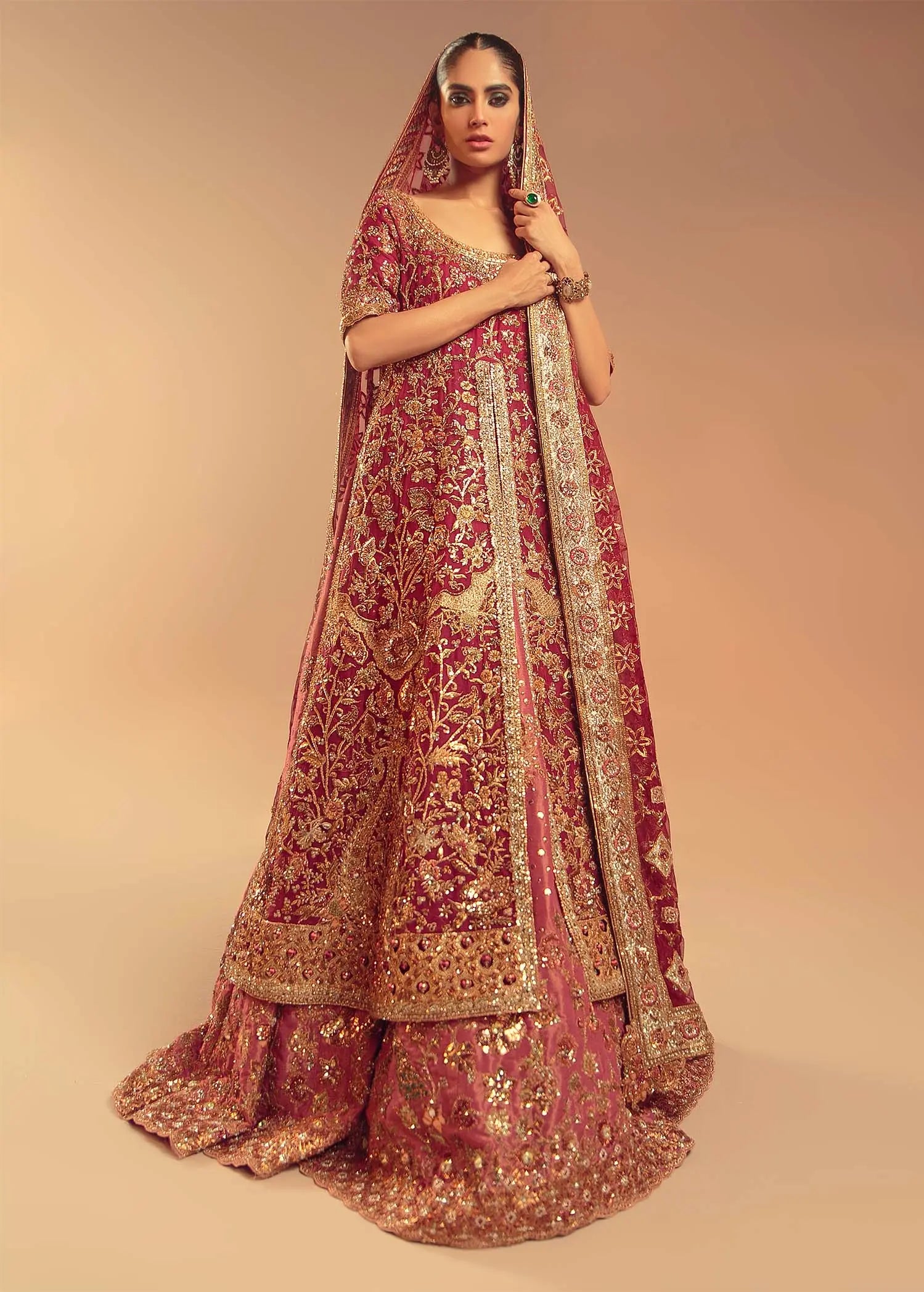 Pakistani Deep Rose Red Embroidered Silk Bridal Lehenga (3-Piece) - Image 7