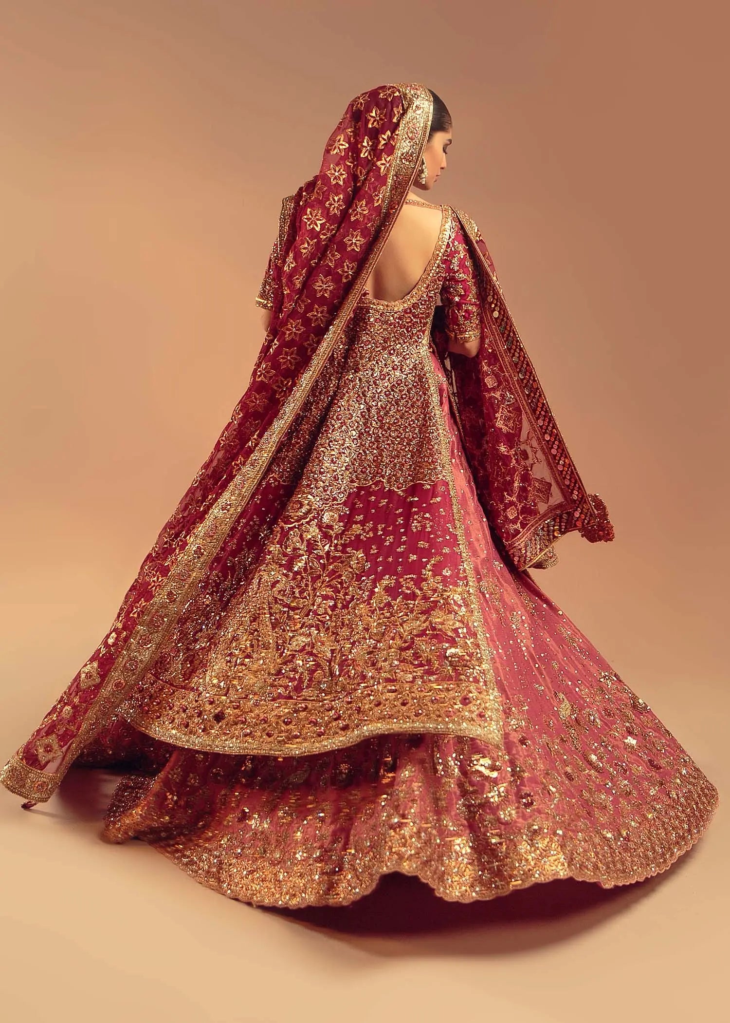 Pakistani Deep Rose Red Embroidered Silk Bridal Lehenga (3-Piece) - Image 8