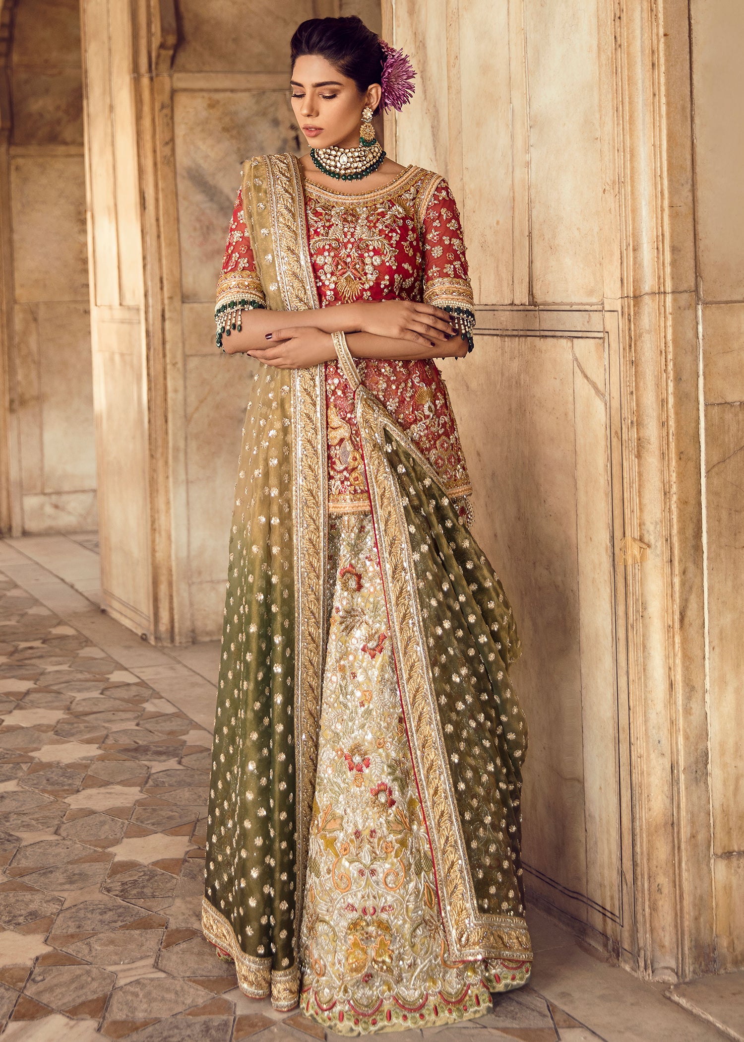 Deep Red Embroidered Silk Bridal Lehenga (3-Piece) - Image 1