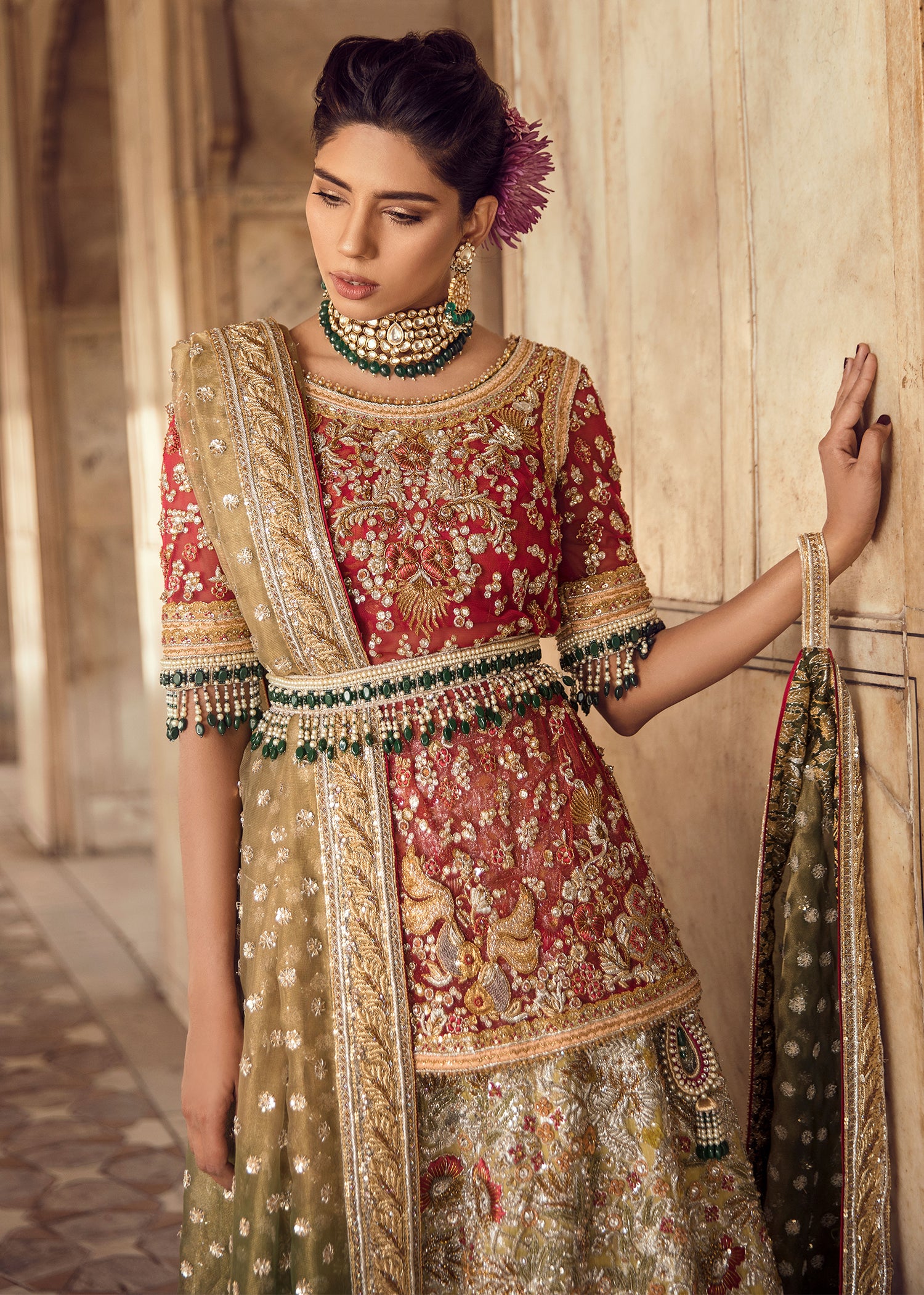 Deep Red Embroidered Silk Bridal Lehenga (3-Piece) - Image 3