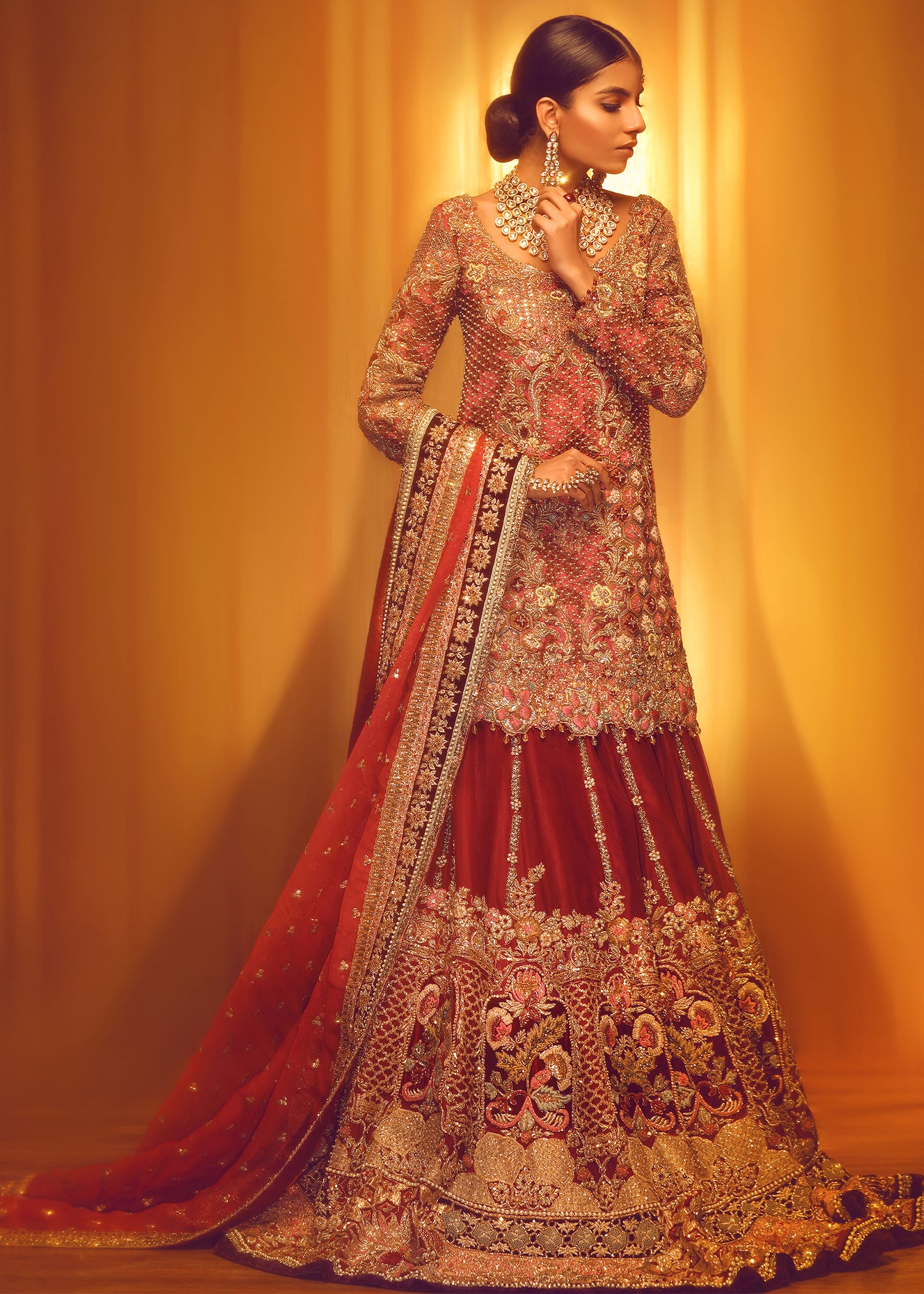 Deep Red Embellished Silk Bridal Lehenga (3-Piece) - Image 1