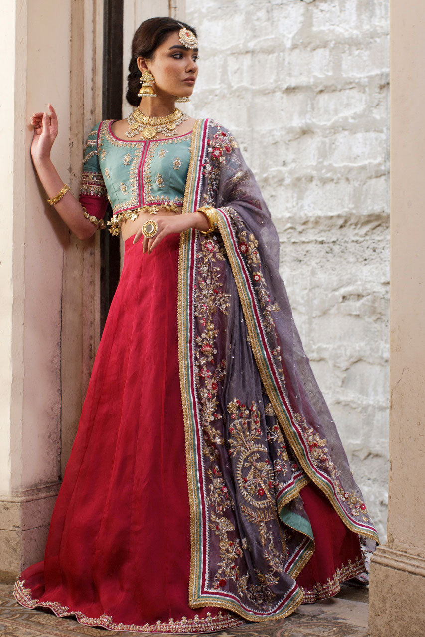 Pakistani Jade Green Zardozi Silk Choli Lehenga (3-Piece) - Image 1