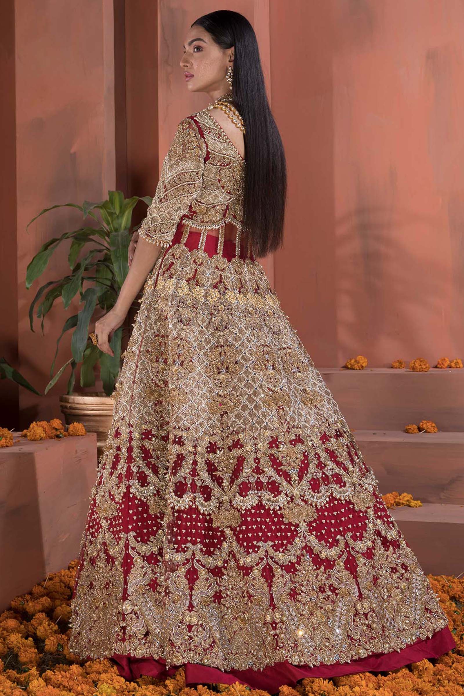 Red Gold Embroidered Silk Bridal Lehenga (2-Piece) - Image 2