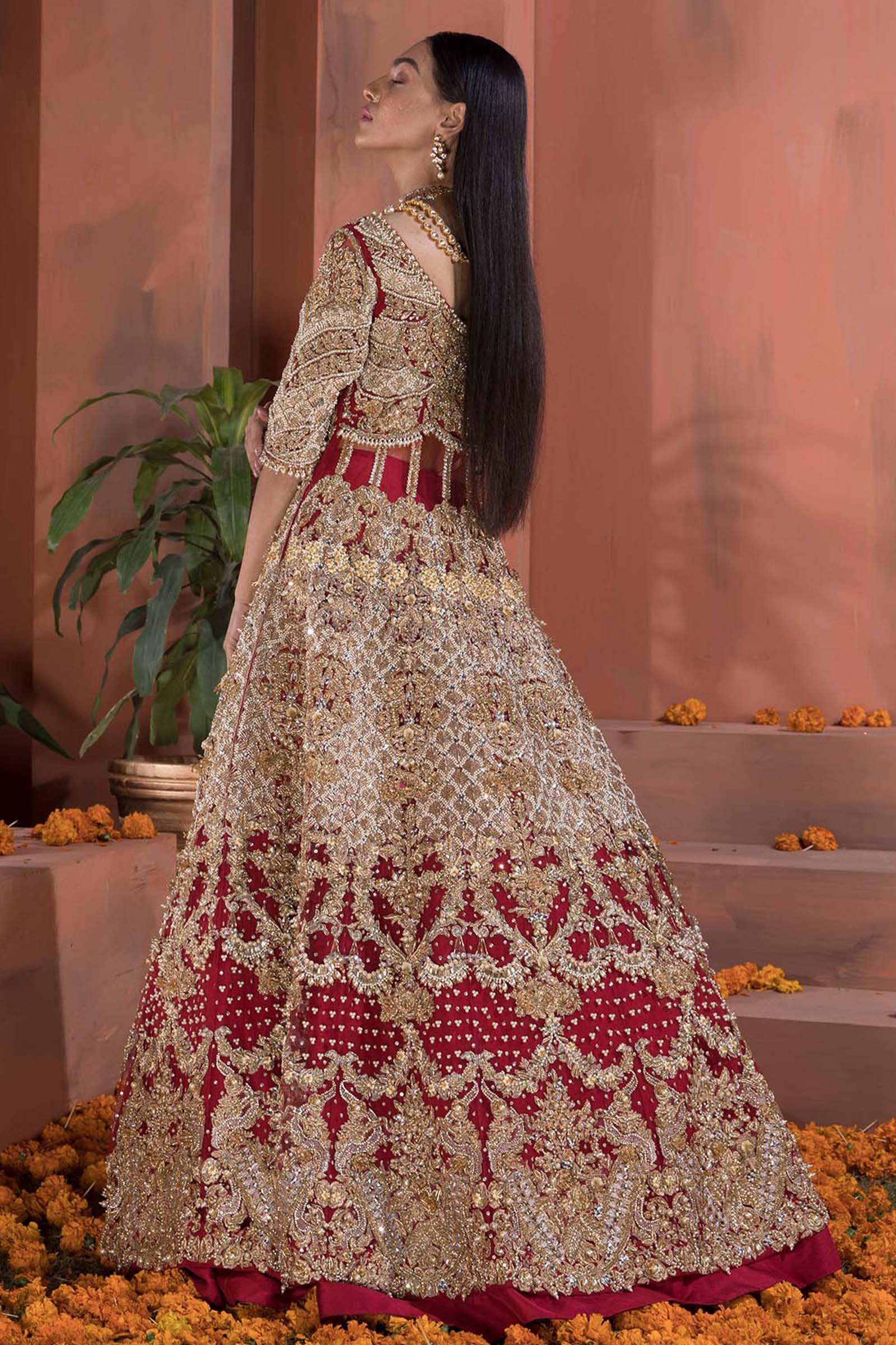 Red Gold Embroidered Silk Bridal Lehenga (2-Piece) - Image 3