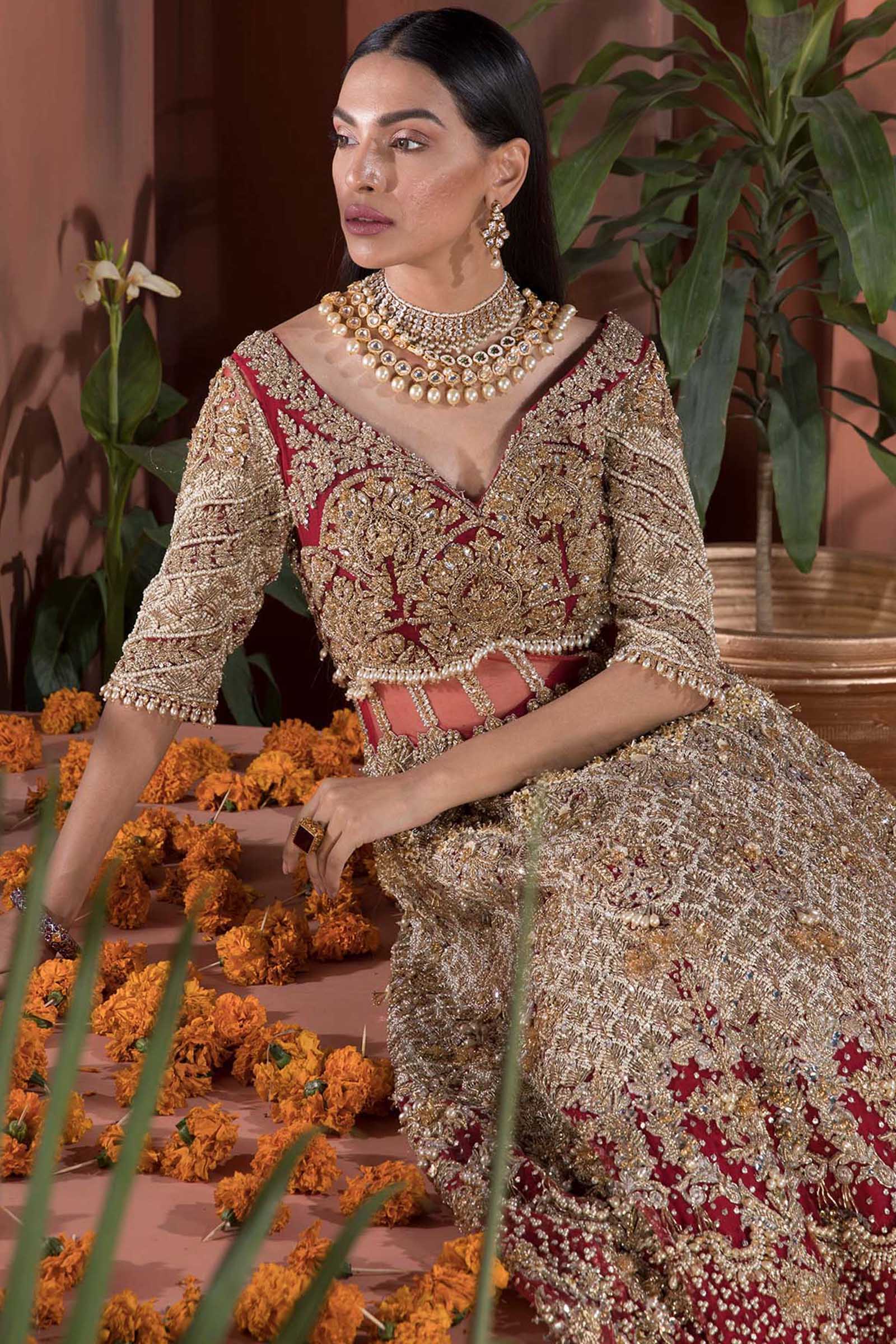 Red Gold Embroidered Silk Bridal Lehenga (2-Piece) - Image 4
