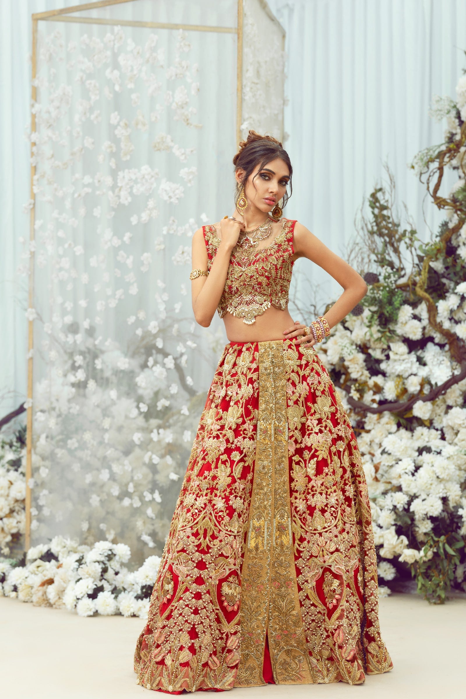 Deep Red Hand-Embellished Silk Lehenga (3-Piece) - Image 10