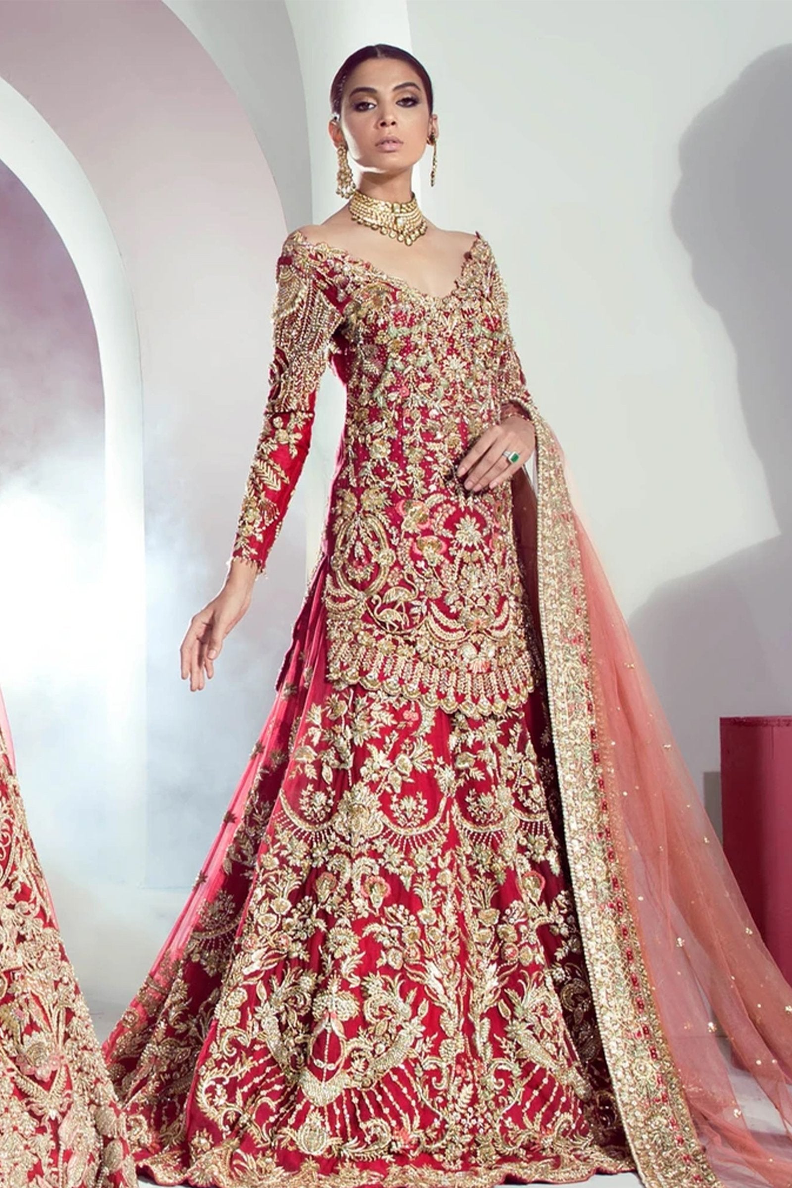 Pakistani Crimson Red Hand-Embellished Silk Lehenga (3-Piece) - Image 1