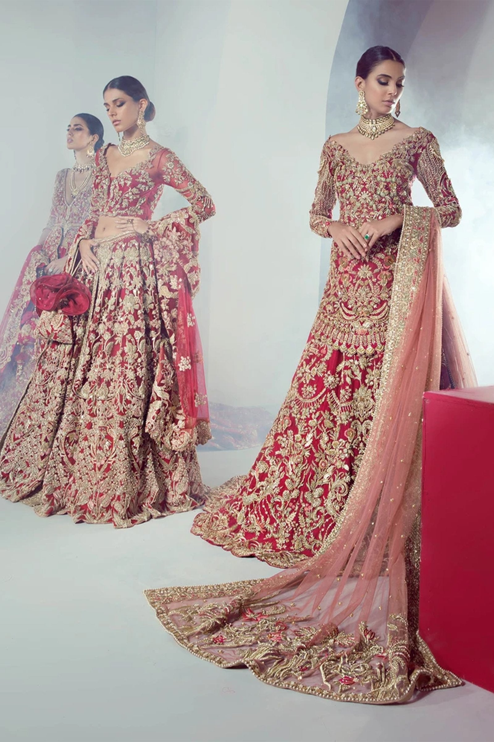 Pakistani Crimson Red Hand-Embellished Silk Lehenga (3-Piece) - Image 3