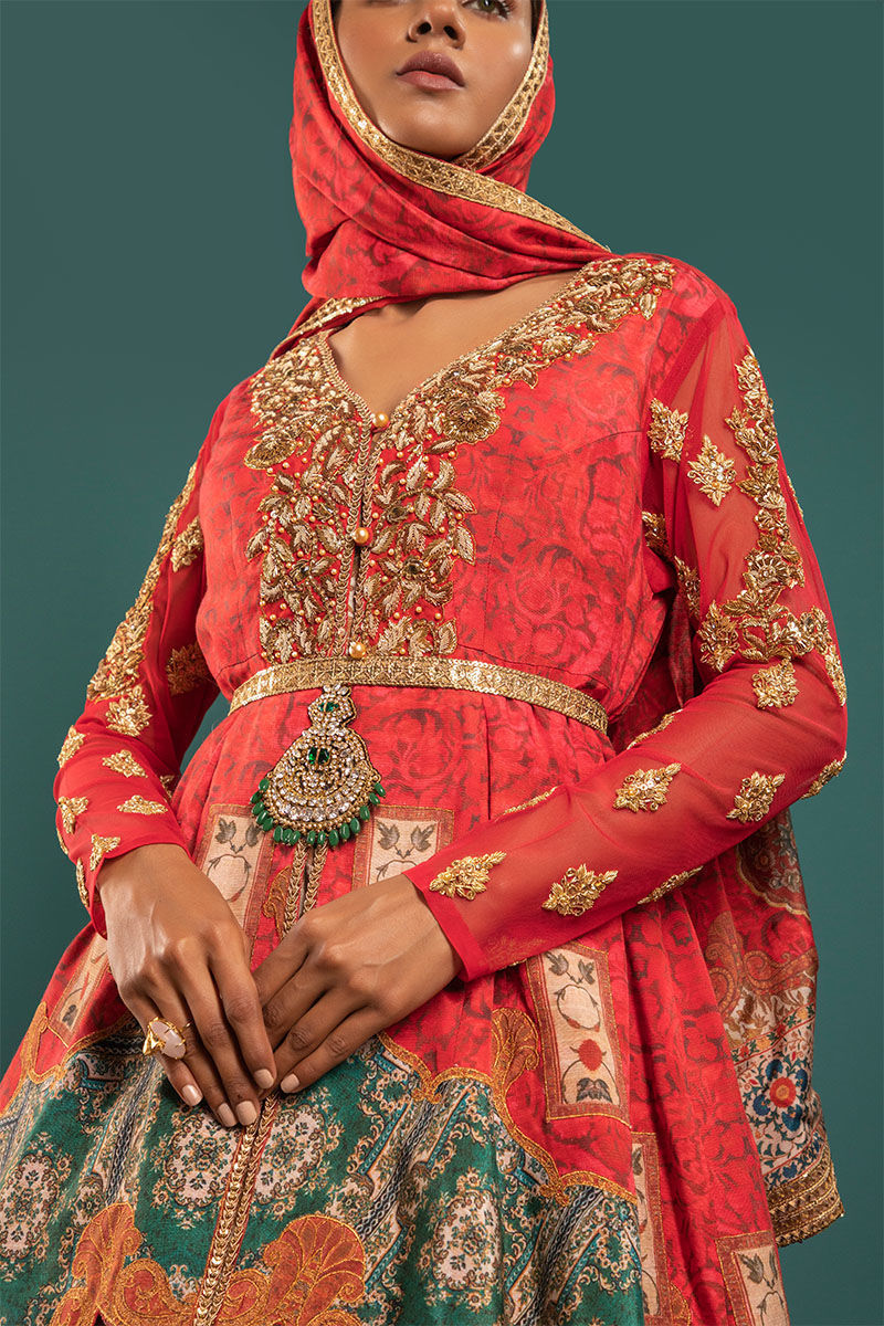 Pakistani Red Multicolour Embellished Silk Angarkha Lehenga (3-Piece) - Image 1