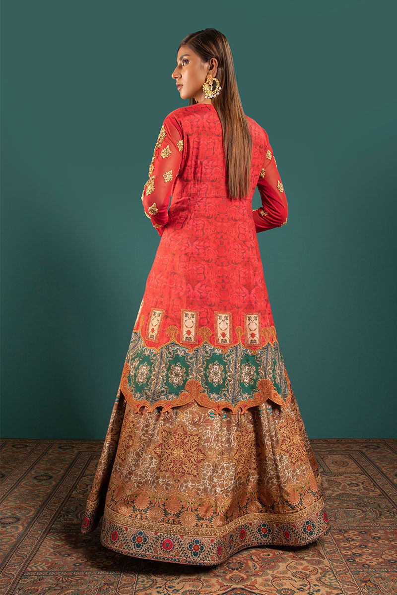 Pakistani Red Multicolour Embellished Silk Angarkha Lehenga (3-Piece) - Image 2