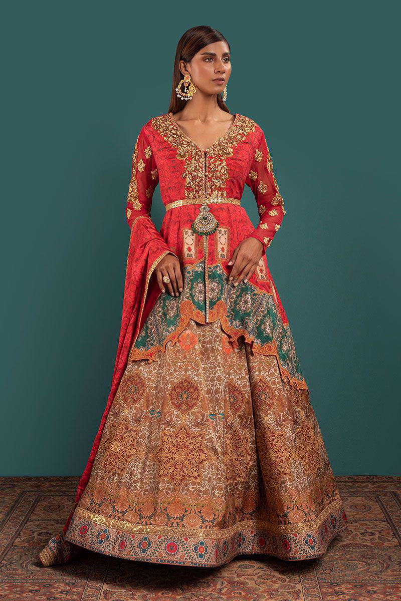 Pakistani Red Multicolour Embellished Silk Angarkha Lehenga (3-Piece) - Image 3
