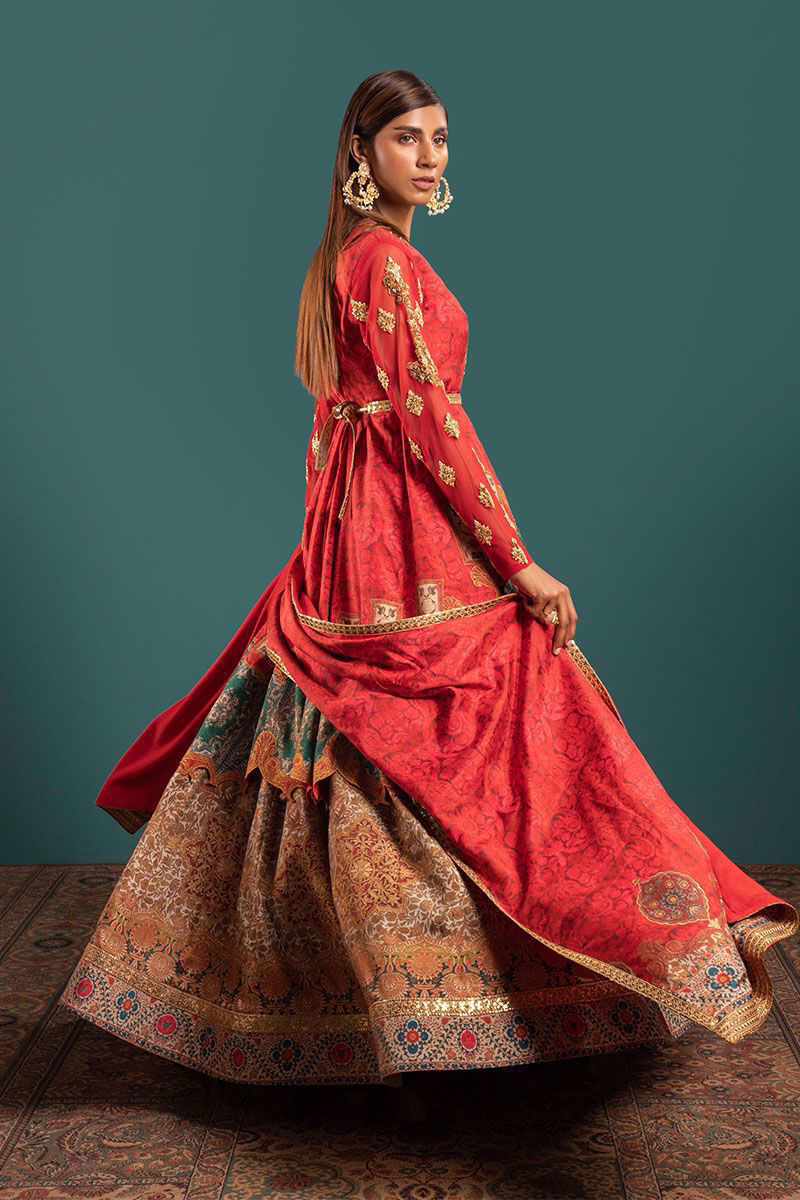 Pakistani Red Multicolour Embellished Silk Angarkha Lehenga (3-Piece) - Image 4