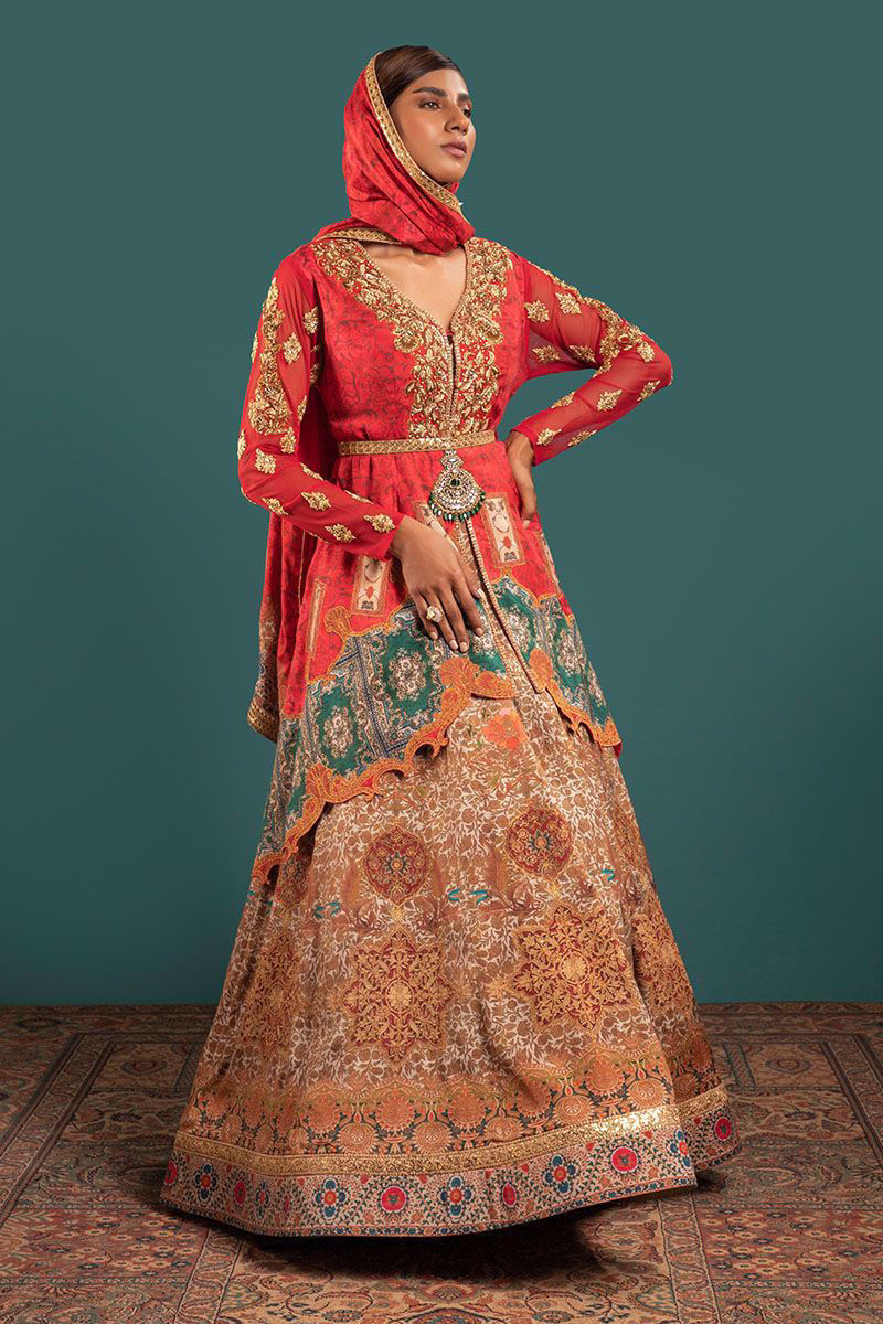 Pakistani Red Multicolour Embellished Silk Angarkha Lehenga (3-Piece) - Image 5