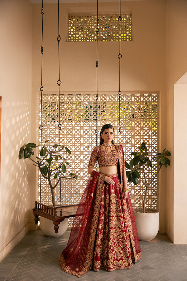 Ruby Red Zardozi Embroidered Silk Blend Lehenga Choli (3-Piece) - Image 1
