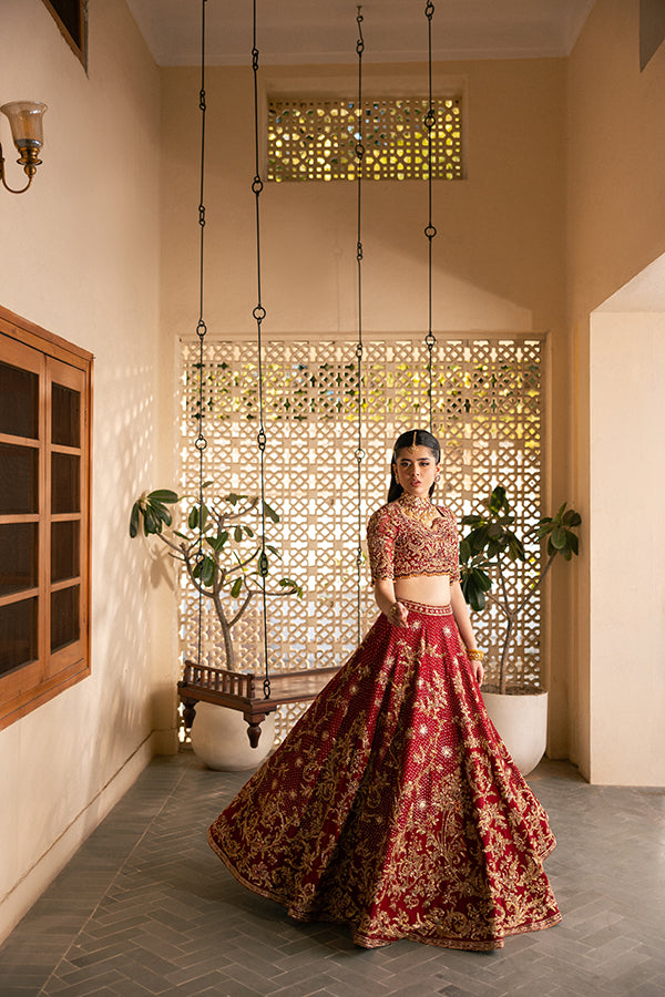 Ruby Red Zardozi Embroidered Silk Blend Lehenga Choli (3-Piece) - Image 2