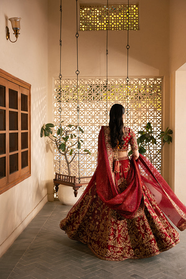 Ruby Red Zardozi Embroidered Silk Blend Lehenga Choli (3-Piece) - Image 9