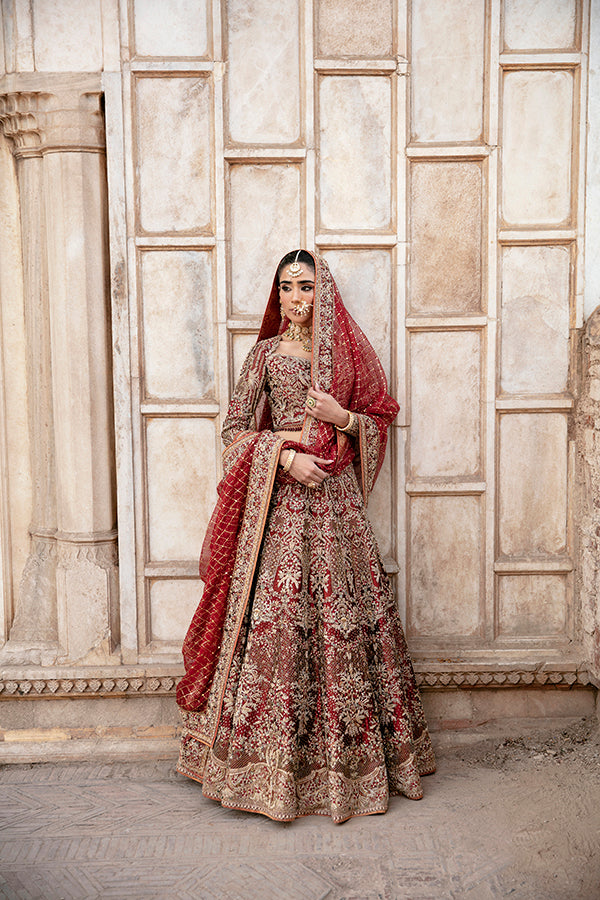 Deep Red Zardozi Silk Bridal Lehenga (3-Piece) - Image 3