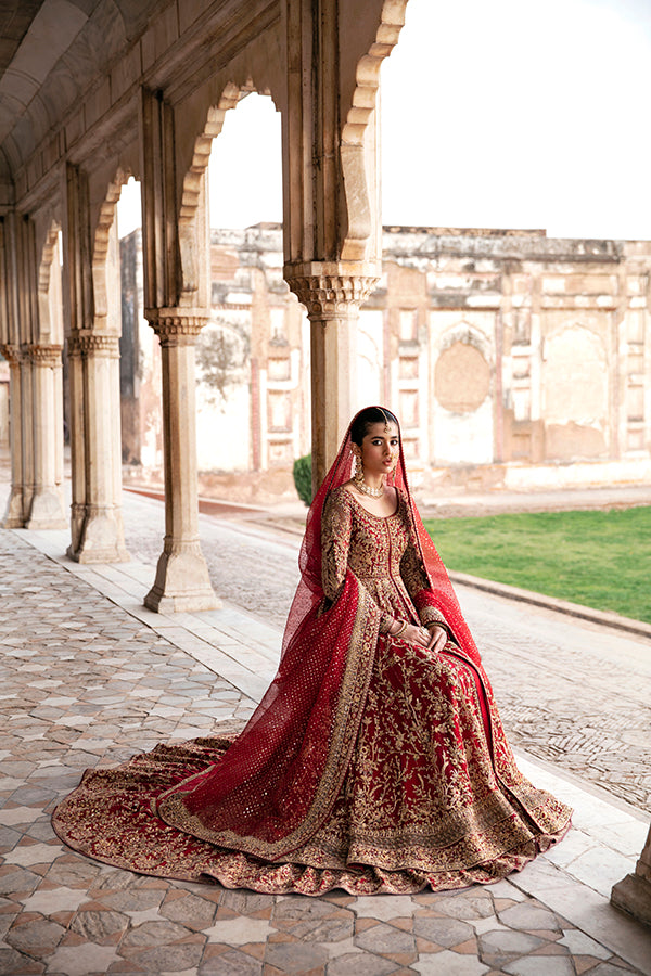 Deep Red Embroidered Silk Bridal Lehenga (3-Piece) - Image 2