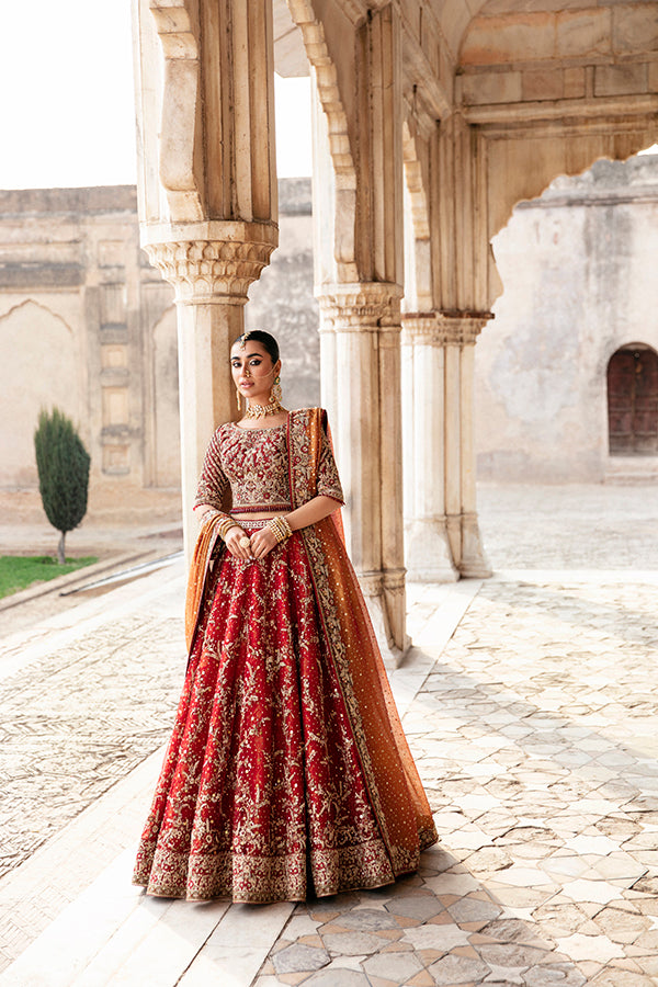 Deep Red Zardozi Silk Bridal Lehenga (3-Piece) - Image 3